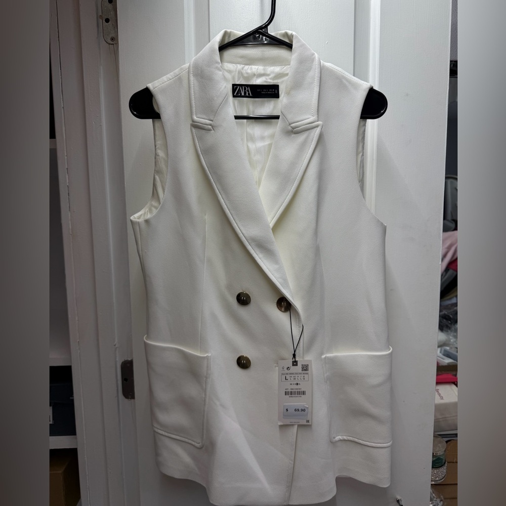 ZARA White Double-Breasted Sleeveless Blazer Vest